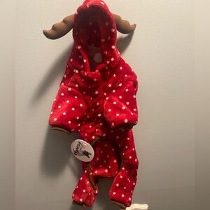 NWT Luv Gear Red Polka Dot Reindeer Fleece Dog Pajamas size small & dog bows